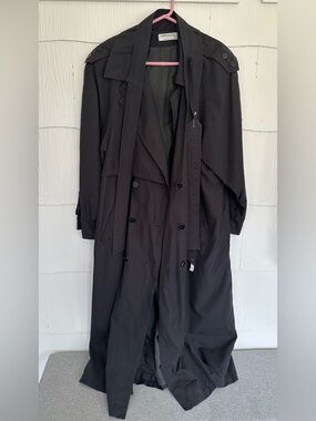 Forecaster of Boston USA Long Black Trench Coat Button Tie Vintage Women’s 13/14